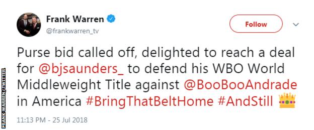 Frank Warren's tweet confirming the fight