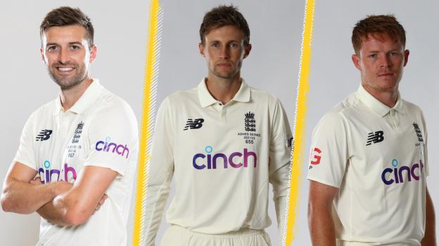 A split image of England players Mark Wood (left), Joe Root (centre) and Ollie Pope (right)