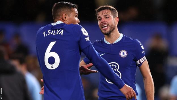 Chelsea's Cesar Azpilicueta and Thiago Silva look dejected at full-time after their defeat to Manchester City in the Premier League