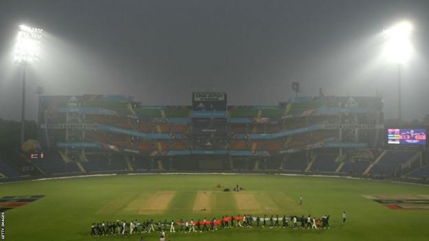 The Arun Jaitley Stadium in New Delhi amid smoggy conditions