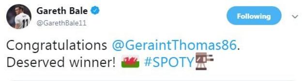 Gareth Bale tweet: Congratulations Geraint Thomas. Deserved winner!