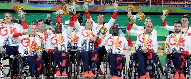 The British wheelchair basketball team show off their Paralympics bronze medals