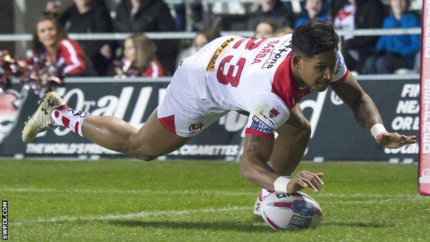 Ben Barba scores St Helens' first try against last year's Super League runners-up Castleford