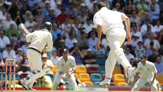 England fast bowler Steve Harmison (right) sends the first ball of the 2006-07 Ashes to second slip