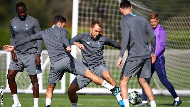 Christian Eriksen in training with Spurs team-mates