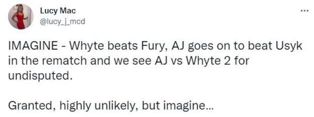 A Twitter user ponders the prospect of Whyte beating Fury and Anthony Joshua losing to Oleksandr Usyk