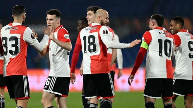 Feyenoord players celebrate their 7-0 win