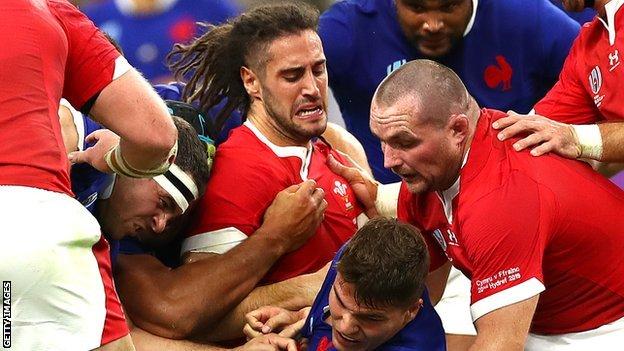Josh Navidi in the thick of the action against France