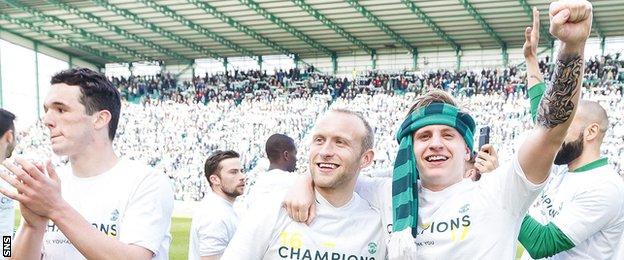 Hibs players John McGinn, Dylan McGeouch and Jason Cummings celebrate their promotion