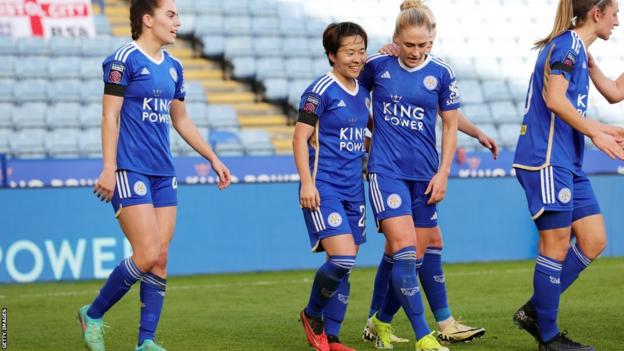 Leicester celebrate after scoring against Bristol City