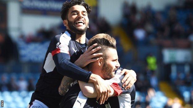 Dundee players celebrate with goal hero Marcus Haber