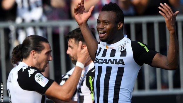Lassana Coulibaly celebrates a goal for Angers