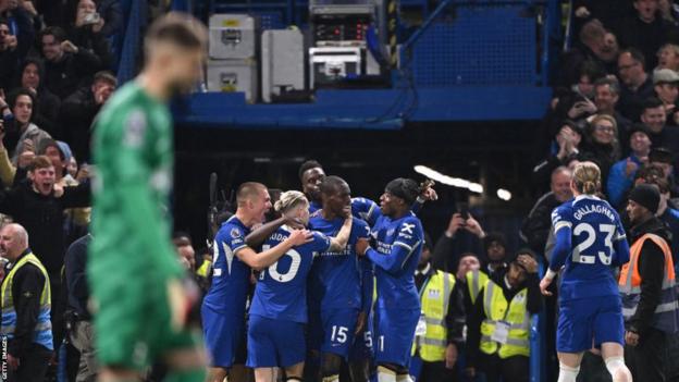 Nicolas Jackson is congratulated by teammates aft scoring Chelsea's 2nd goal