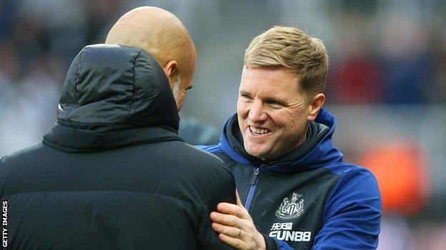 Pep Guardiola and Eddie Howe embrace before Manchester City's Premier League game at Newcastle in August