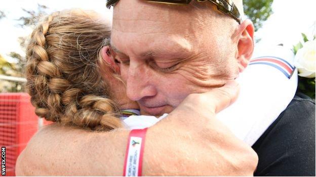 Elynor and Magnus Backstedt hug after her junior world championship bronze