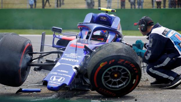 Toro Rosso's Alex Albon crashes during final practice for the Chinese Grand Prix
