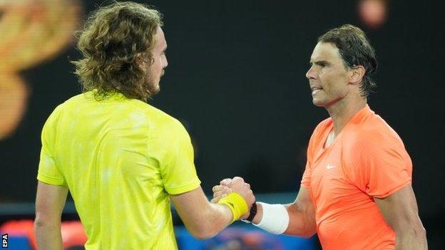 Stefanos Tsitsipas and Rafael Nadal shake hands at the net