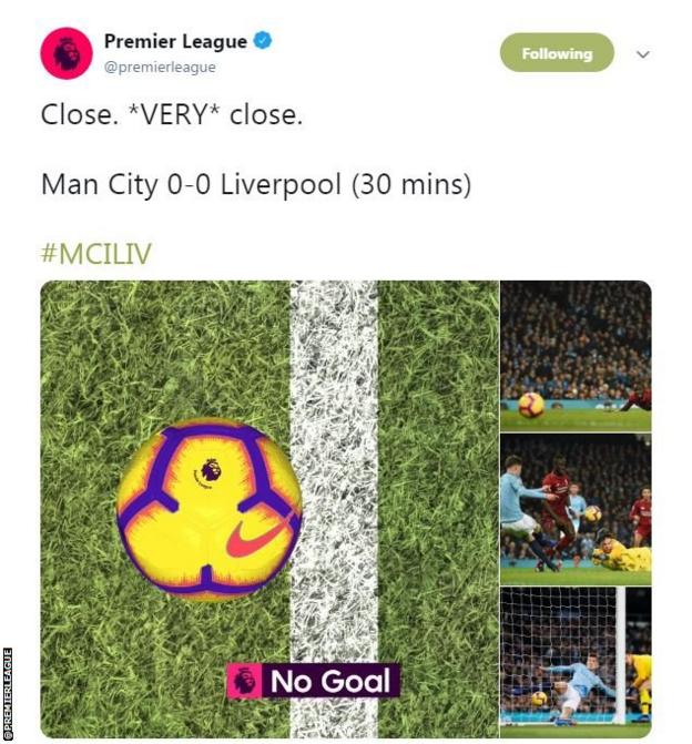 The Premier League tweets a computerised image of how close the ball was to crossing the line