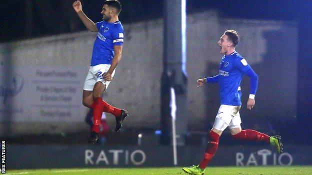 Gareth Evans celebrates Portsmouth's opening goal against Bury