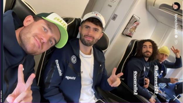 Ben Chilwell posting on Instagram on a flight with his Chelsea team-mates