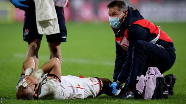 Will Addison after breaking his leg in Ulster's game against Lions 13 months ago