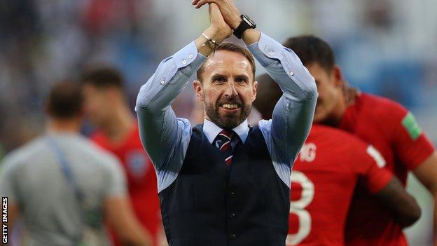 Gareth Southgate celebrates after leading England to the semi-finals of World Cup 2018