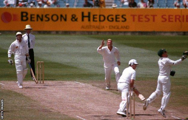 Australia's Shane Warne celebrates the second wicket of a hat trick during the Australia v England Test match, 29 December 1994
