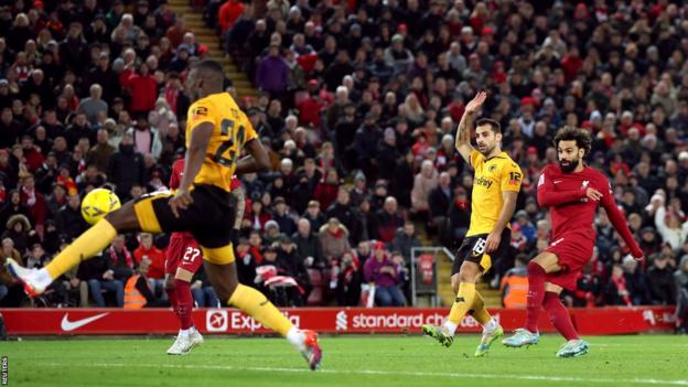 Mo Salah scores for Liverpool against Wolves in the FA Cup third round