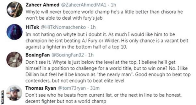 Boxing fans on Twitter discuss whether Dillian Whyte could win a world title. One fan says that he is not a world-level fighter