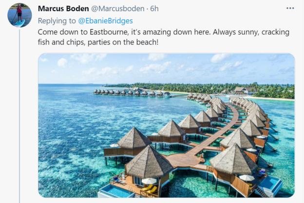 Marcus Boden tweet d'une plage ensoleillée dans ce qui ressemble aux Caraïbes