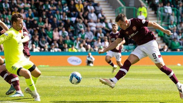 Lawrence Shankland stabs the ball past David Marshall and it proves to be the winner