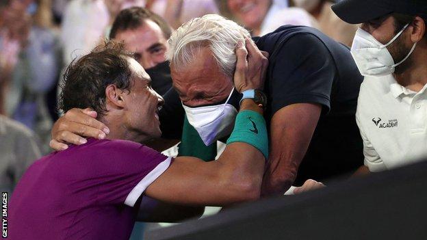Rafael Nadal hugs his father Sebastian after his 2022 Australian Open win