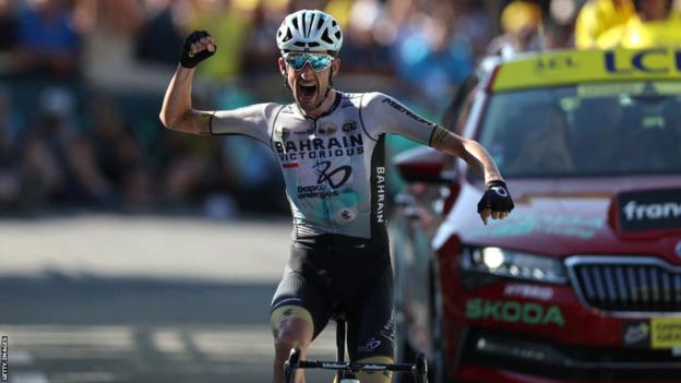 Wout Poels celebrates winning stage 15 of the Tour de France