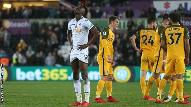 Swansea striker Tammy Abraham looks dejected after a fifth home loss in the Premier League