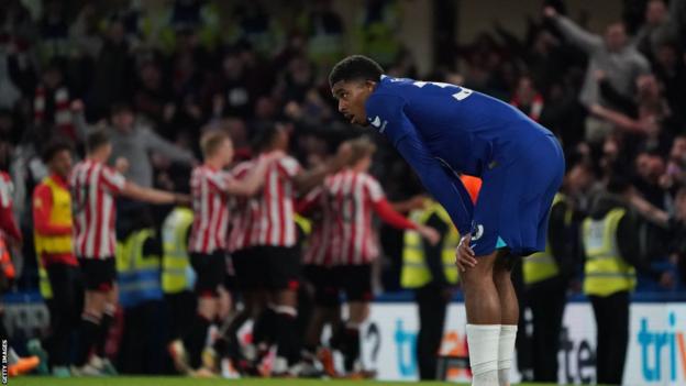 Chelsea's Wesley Fofana reacts to Brentford's second goal during the Premier League match between Chelsea FC and Brentford