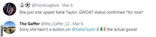 Один фанат говорить у Twitter, що Shields `` підняв планку для Кеті Тейлор '', а інший каже, що Кеті Тейлор - найбільший боєць в історії