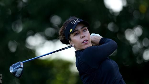 British golfer Georgia Hall tees off during a practice round ahead of the AIG Women's Open