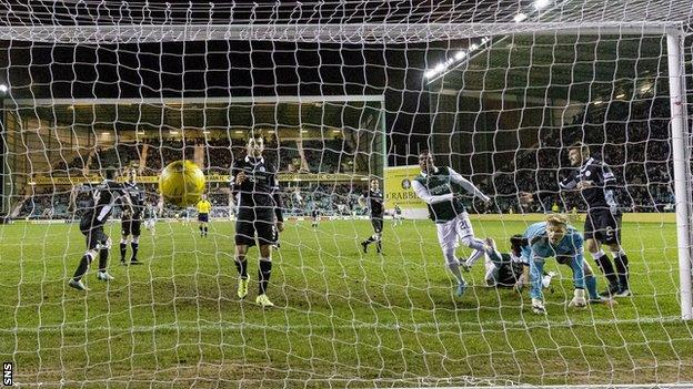 Dominique Malonga scores for Hibernian against Queen of the South