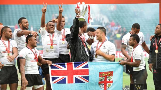 Fiji celebrate retaining their World Sevens title at Twickenham