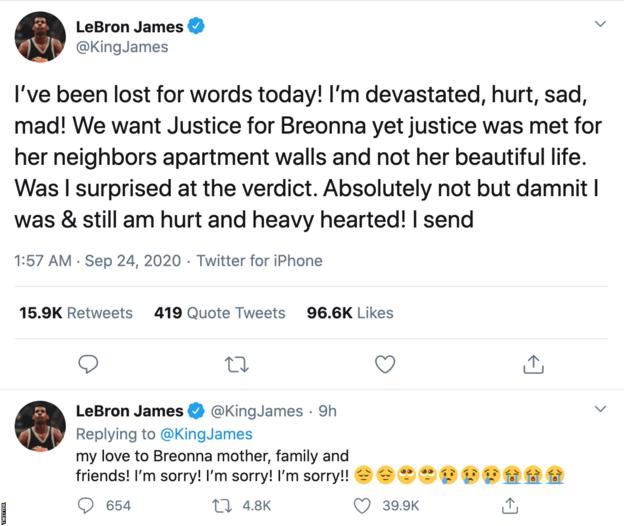 LeBron James tweets: "I've been lost for words today! I'm devastated, hurt, sad, mad! We want Justice for Breonna yet justice was met for her neighbors apartment walls and not her beautiful life. Was I surprised at the verdict. Absolutely not but damnit I was & still am hurt and heavy hearted! I send my love to Breonna mother, family and friends! I'm sorry! I'm sorry! I'm sorry!!"