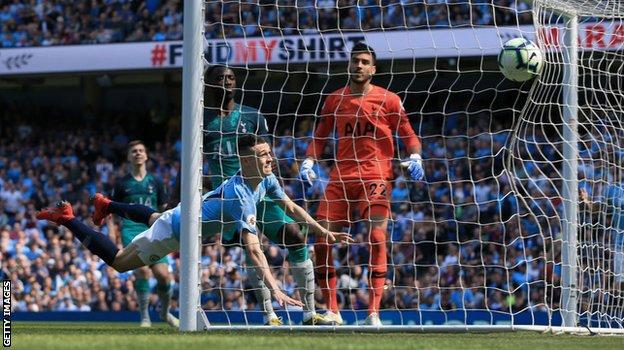 Phil Foden scores his first Premier League goal, the winner against Tottenham in April 2019