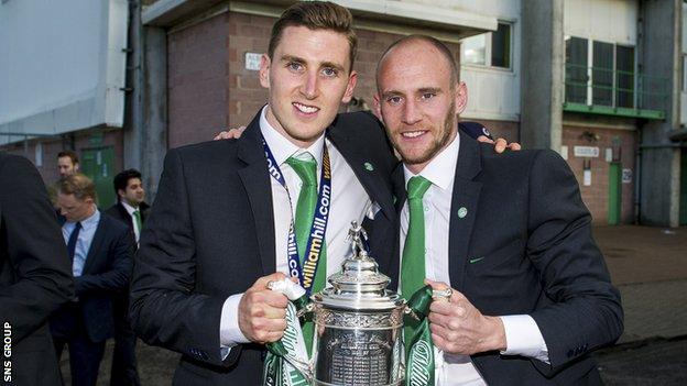 Paul Hanlon and Hibs captain David Gray with the Scottish Cup