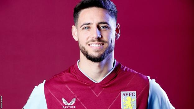Alex Moreno poses in an Aston Villa shirt
