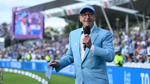 Former Sky Sports Cricket commentator speaks to the crowd during a one-day international between England and Pakistan at Edgbaston