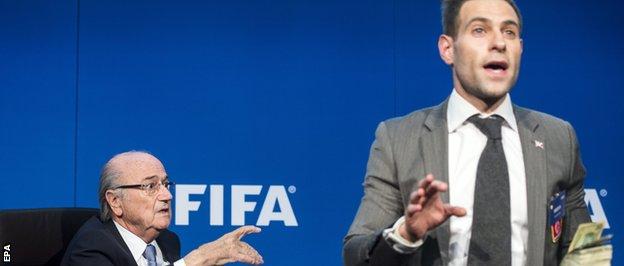 Sepp Blatter (left) and Simon Brodkin