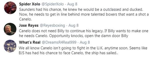 Boxing fans on Twitter criticise Billy Joe Saunders for not taking a fight with Saul 'Canelo' Alvarez, saying the ship has sailed for the British fighter