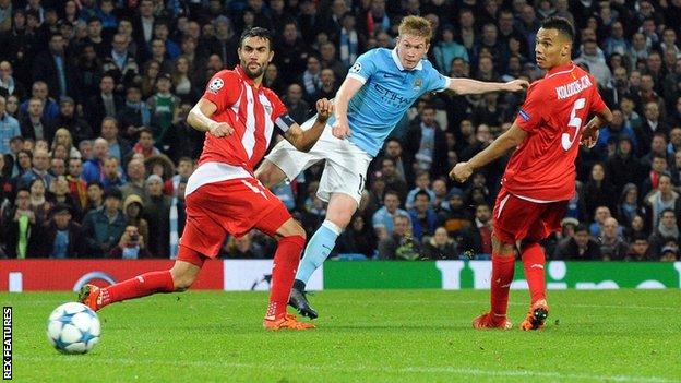 Manchester City midfielder Kevin de Bruyne scores the winner against Sevilla
