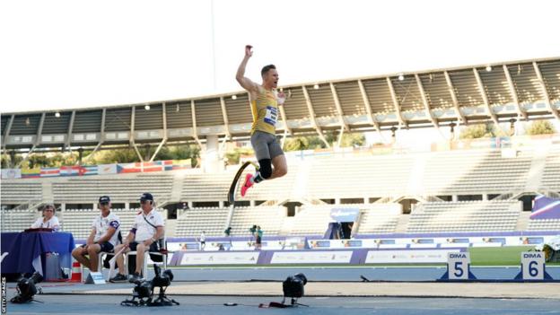 German Paralympic champion Markus Rehm competes at the Charlety Stadium