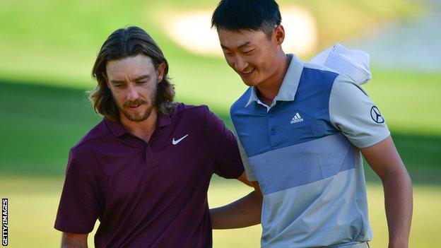 China's Li Haotong, right, with playing partner Tommy Fleetwood