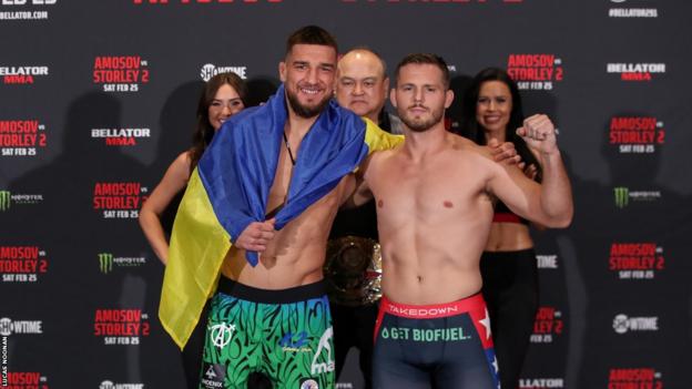 Yaroslav Amosov weighs in for his Bellator fight with the Ukraine flag